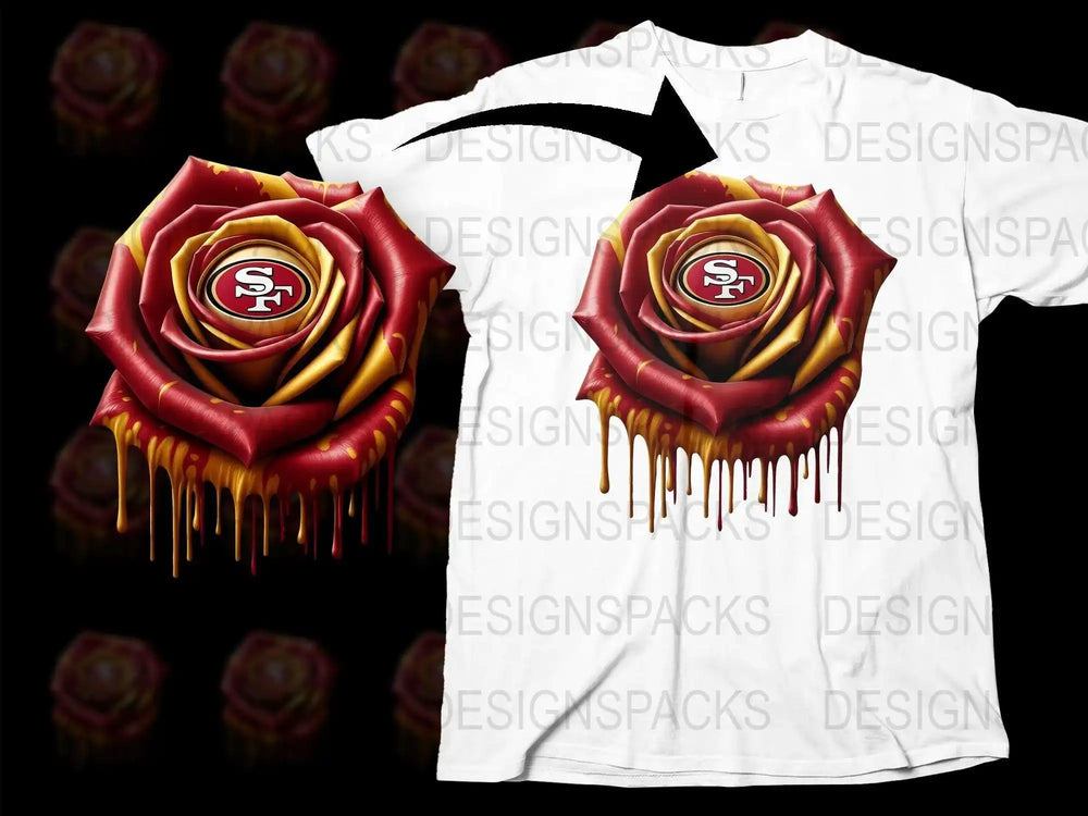San Francisco Football Team Logo Rose Design T-Shirt, Dripping Art Style, Bold Red and Gold Colors