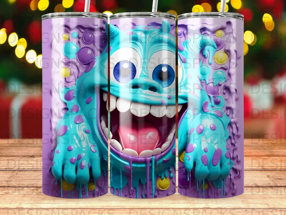 Purple tumbler with Sully from Monsters, Inc. smiling and covered in blue goo.