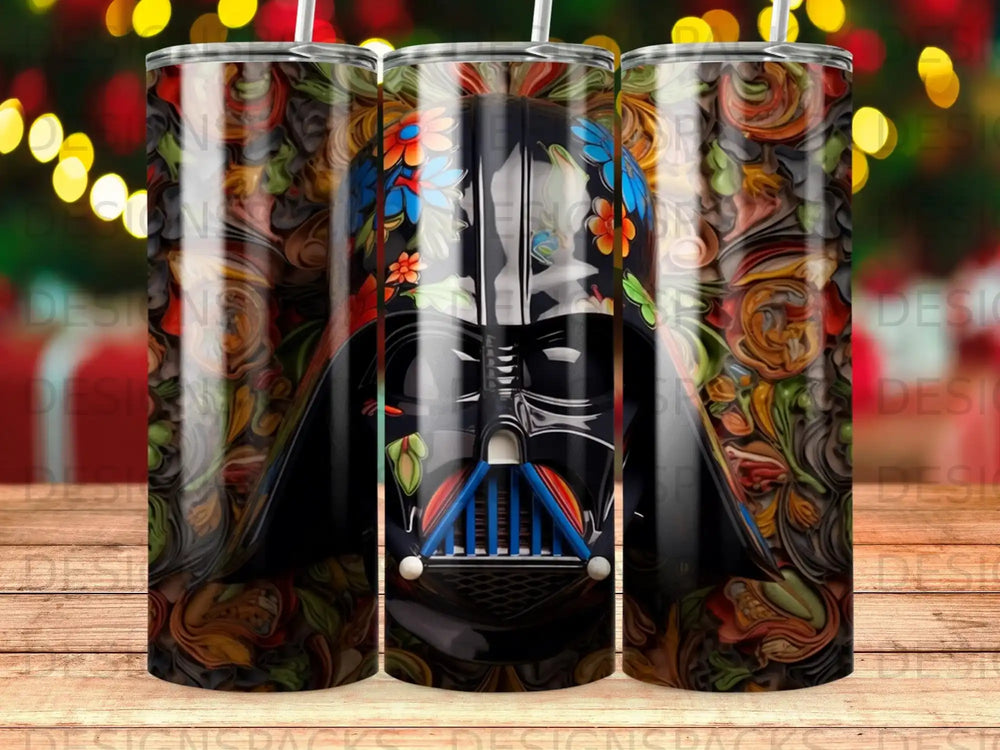 Darth Vader mask with colorful floral and swirling background pattern.