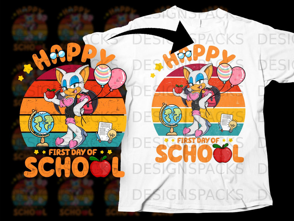 Bat character holding apple with balloons, globe, and "Happy First Day of School" text.