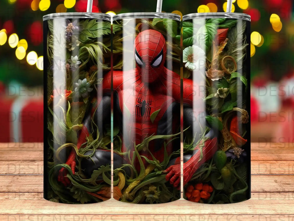 Spiderman emerges from dense green foliage surrounded by red berries and white flowers.