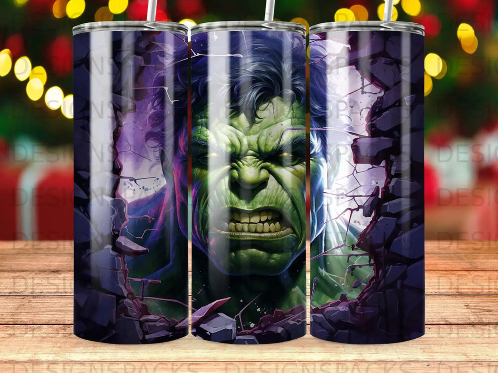 Hulk smashing through a cracked wall, green skin, angry expression.