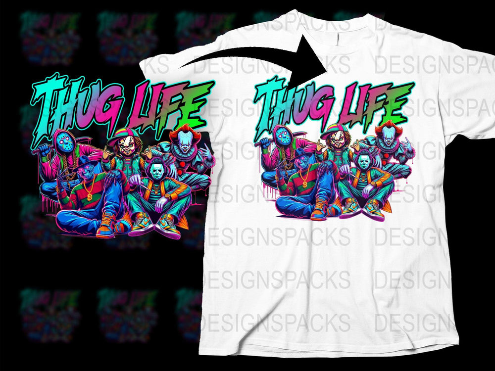 Thug Life Graphic T-Shirt, Colorful Hip Hop Skulls Tee, Urban Streetwear, Bold Funky Design, Unisex Fashion Top