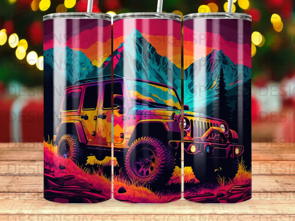 Colorful Jeep Wrangler driving through a mountain landscape.