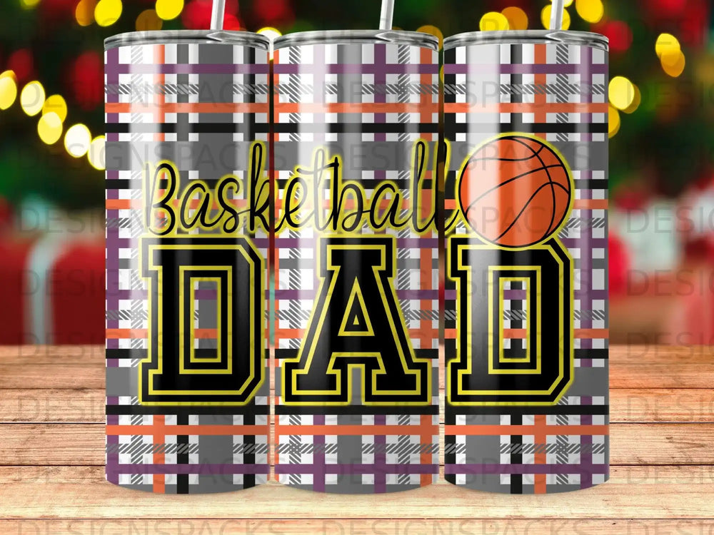 Basketball Dad tumbler with plaid background and orange basketball.