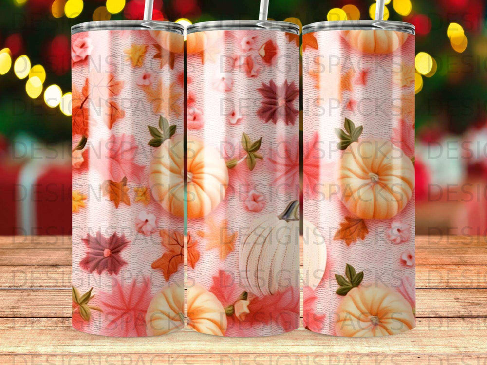 Tumbler with fall leaves and pumpkin pattern.