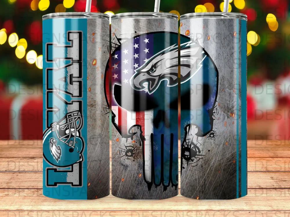 Philadelphia Eagles skull with American flag and helmet design on tumbler.