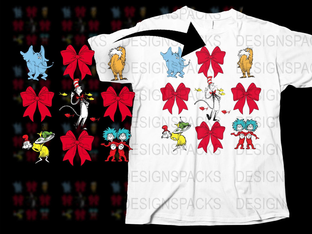 Dr. Seuss Inspired Christmas T-Shirt, Whimsical Cartoon Characters, Festive Holiday Apparel, Kids and Adult Sizes