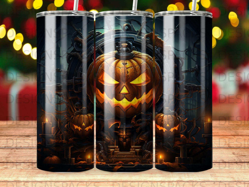 Scary jack-o'-lantern faces on a tumbler with candles and gears.