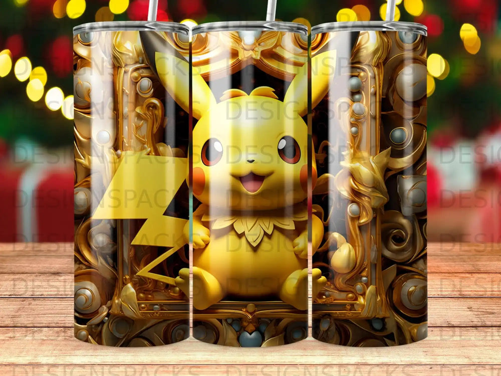 Pikachu character in ornate golden frame on a tumbler design.