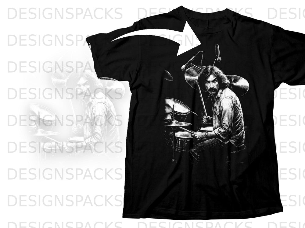 Black t-shirt with a black and white illustration of a drummer playing drums.