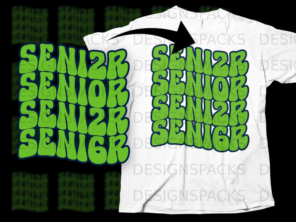 Green "SENIOR" text layered on a white t-shirt mockup.
