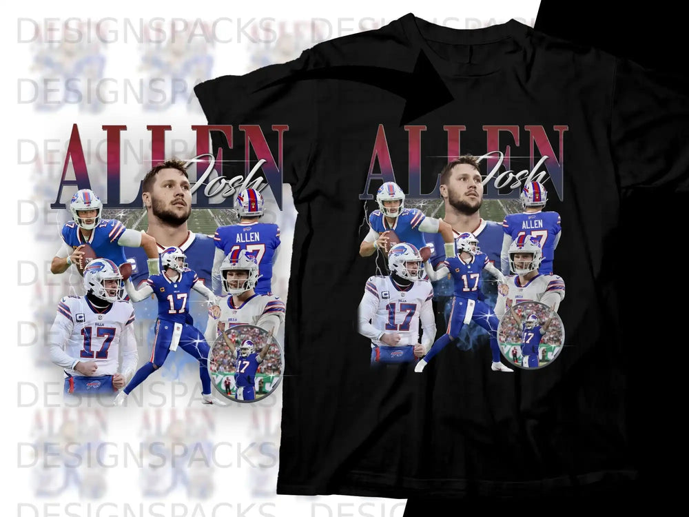 Josh Allen Buffalo Bills collage on a black t-shirt.