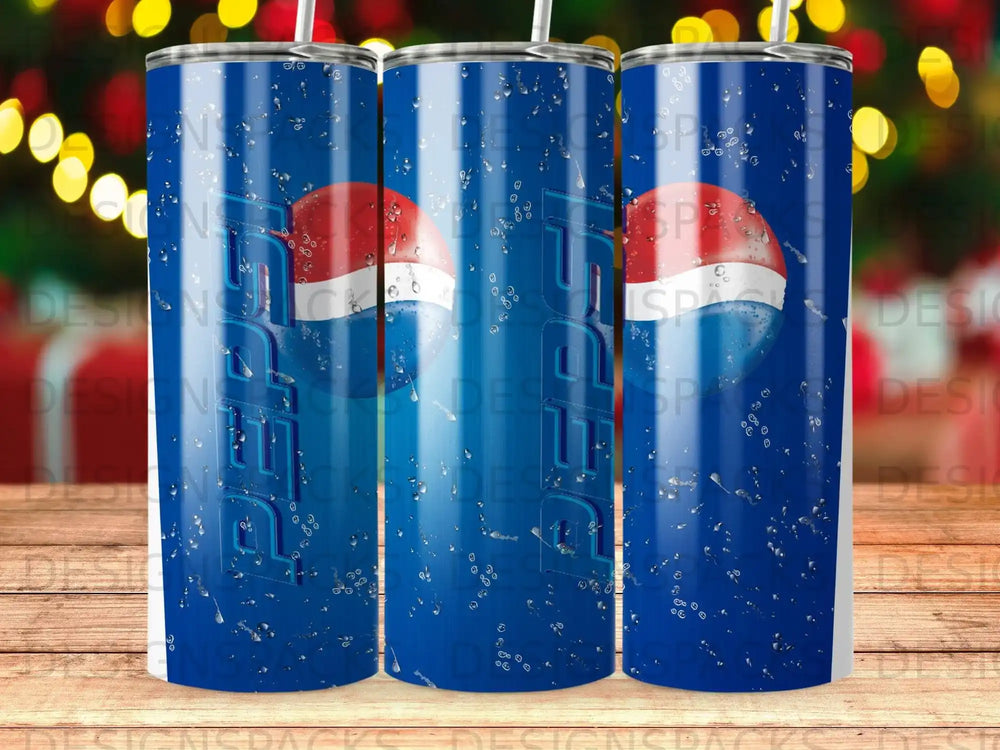 Blue Pepsi tumbler with water droplets and repeating Pepsi logo.