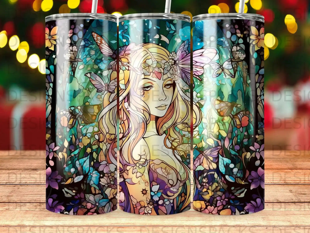 Woman with butterflies and flowers in a stained-glass style design.
