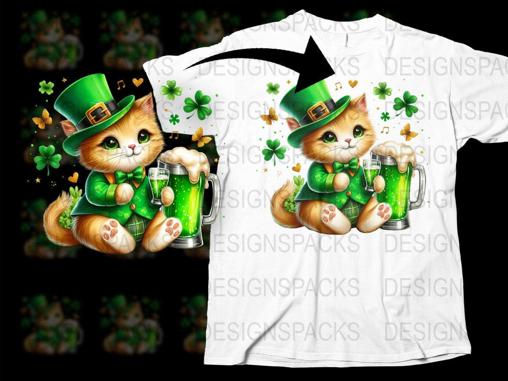 St. Patrick's Day Cat T-Shirt, Cute Kitty with Beer and Hat, Irish Festival Clothing, Green Lucky Charm Tee, Unisex Graphic Shirt
