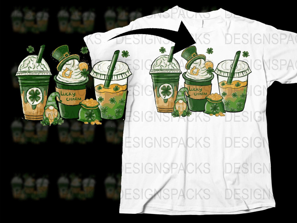 St. Patrick's Day T-Shirt, Lucky Charm Frappuccino Design, Green Clover Graphics, Holiday Festive Apparel