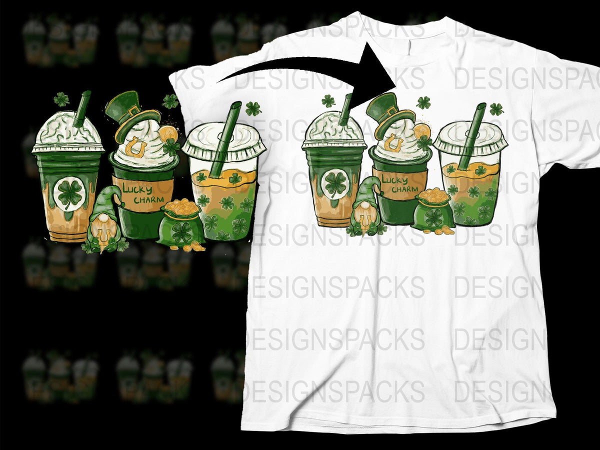 St. Patrick's Day T-Shirt, Lucky Charm Frappuccino Design, Green Clover Graphics, Holiday Festive Apparel
