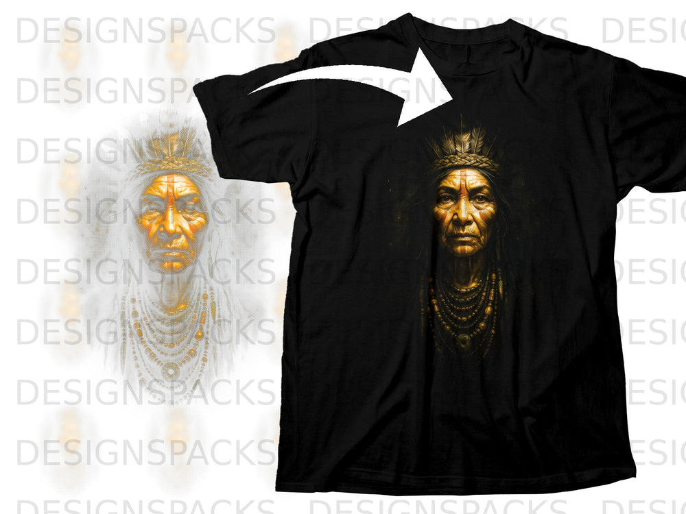 Black t-shirt with graphic of Native American chief's portrait with feathers and jewelry.
