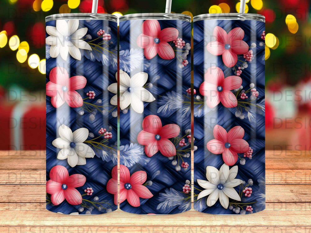 Tumbling cups with blue denim texture and pink and white floral pattern.