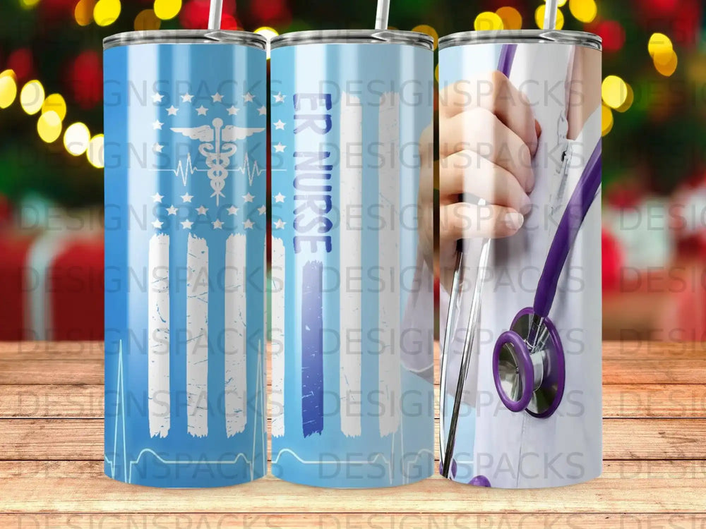 Tumbler with American flag and ER nurse text.