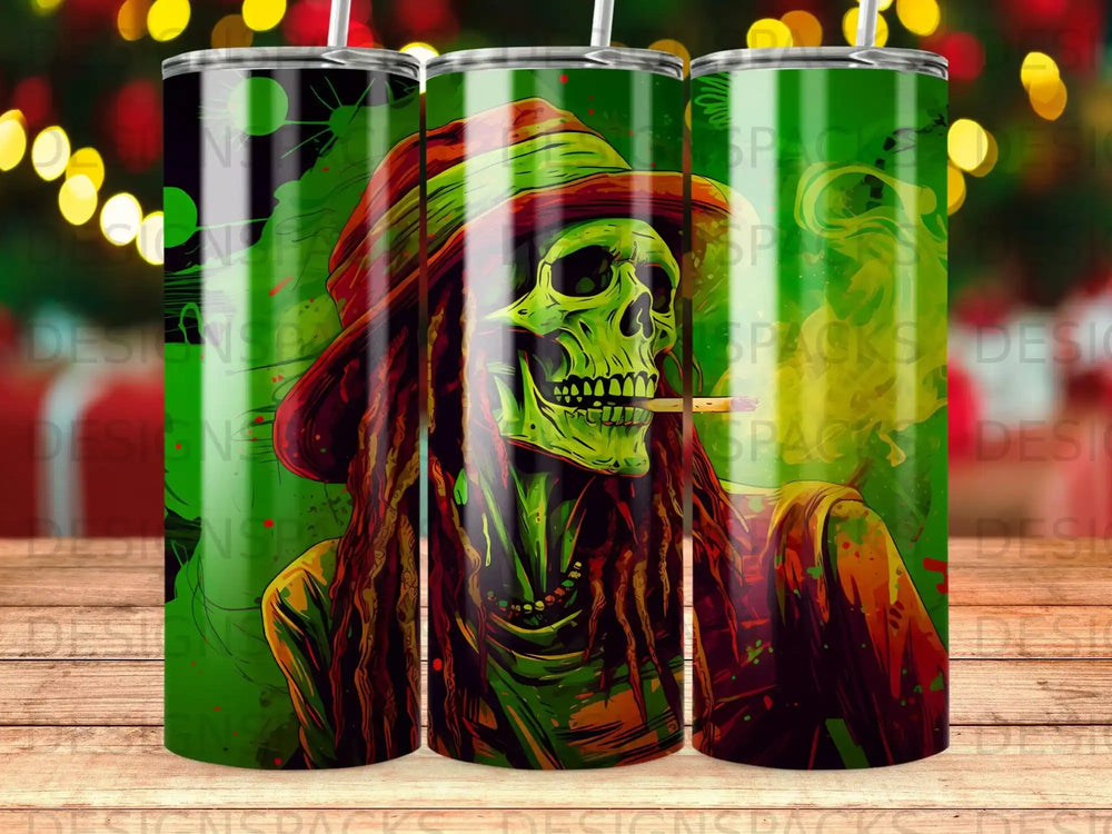Skeleton with dreadlocks and cigarette, wearing a necklace.