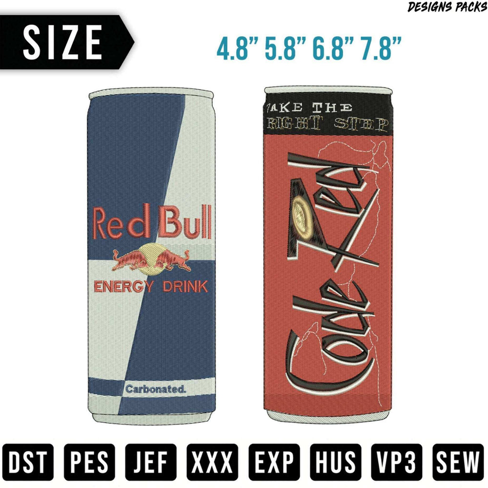 Red Bull and Code Red energy drink cans, with file format options below.