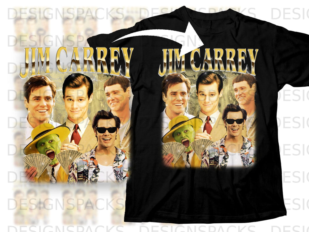 Black t-shirt with "Jim Carrey" text and collage of movie scenes.