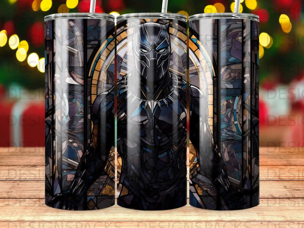 Black Panther stained glass design on a tumbler.