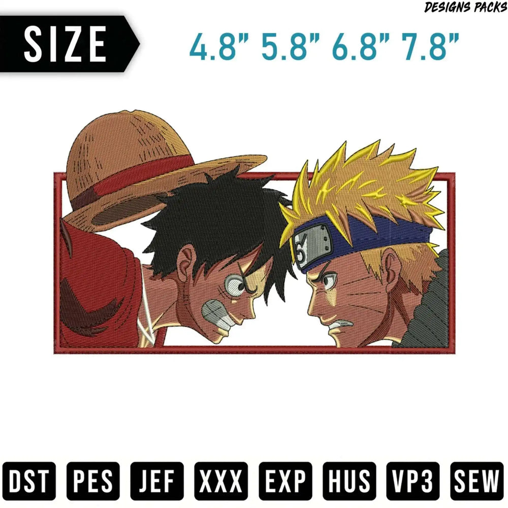 Naruto and Luffy facing each other, with size options and embroidery file types listed.