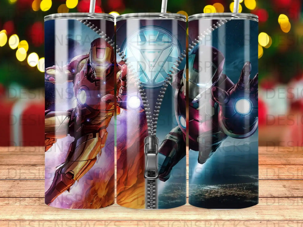 Iron Man in armor with glowing repulsor blasts and city background, divided by a zipper.