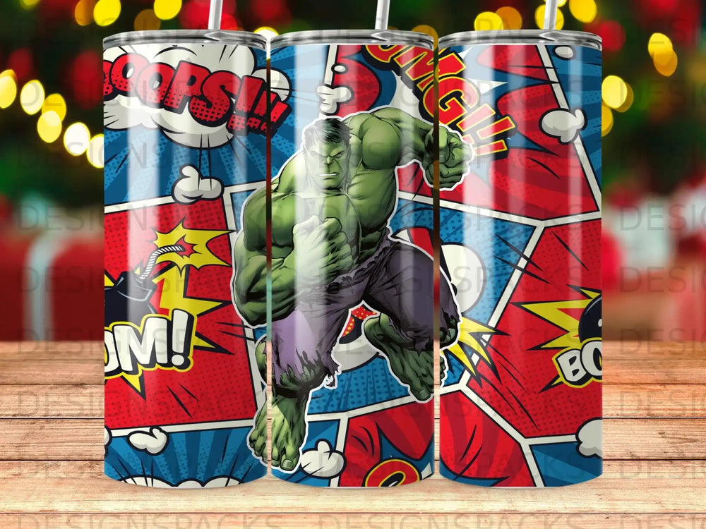 The Hulk runs with fists raised against a comic book background.
