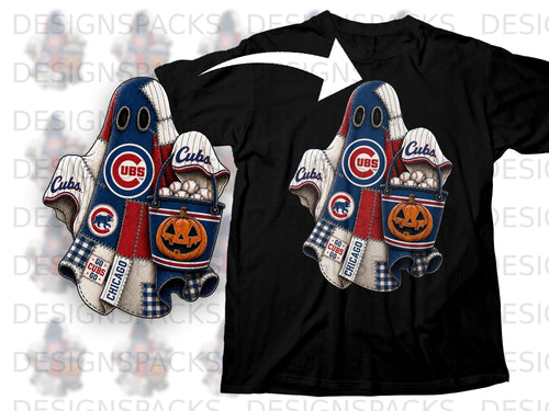 Ghost design with Cubs logo, bucket of baseballs, and pumpkin on black t-shirt.