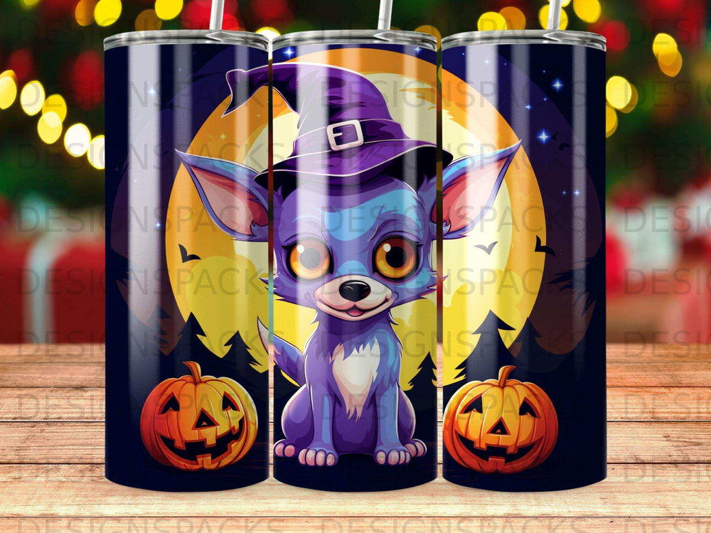 Purple cartoon dog in witch hat with pumpkins and moon.