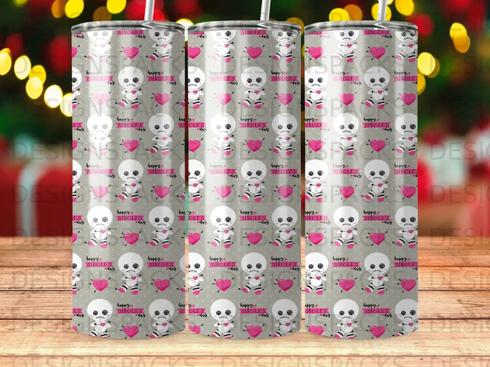 Pink skeleton with hearts on a tumbler, "happy singles day" text.