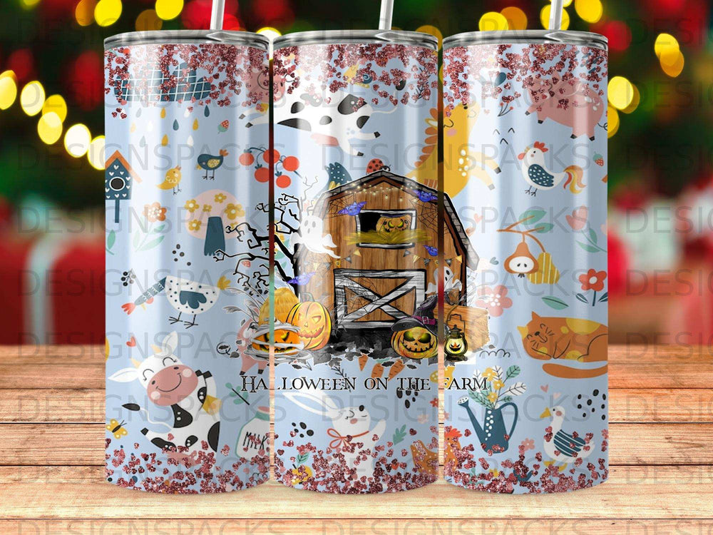 Farm-themed tumbler with barn, pumpkins, cats, chickens, and Halloween text.
