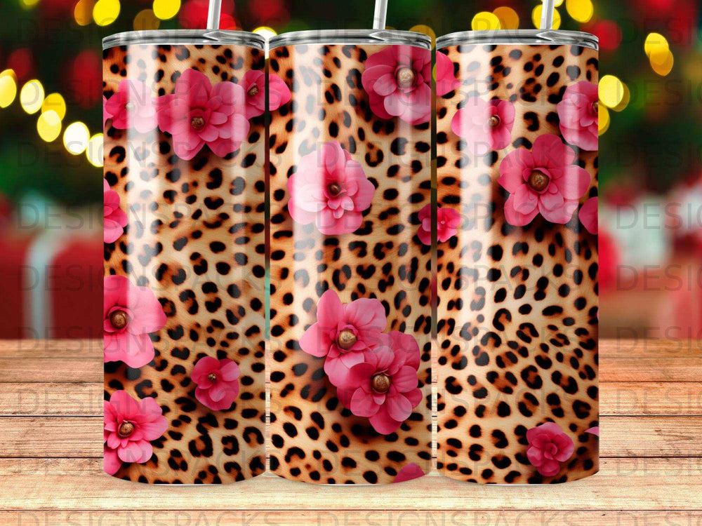 Leopard print tumbler with pink flowers and bokeh lights.