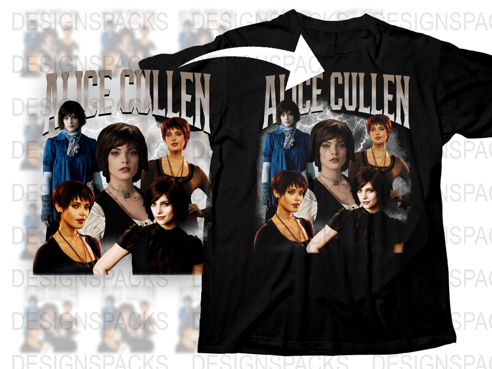 Alice Cullen Graphic T-Shirt, Twilight Saga Fan Merch, Vampire Movie Inspired Tee, Unique Character Collage Design Shirt
