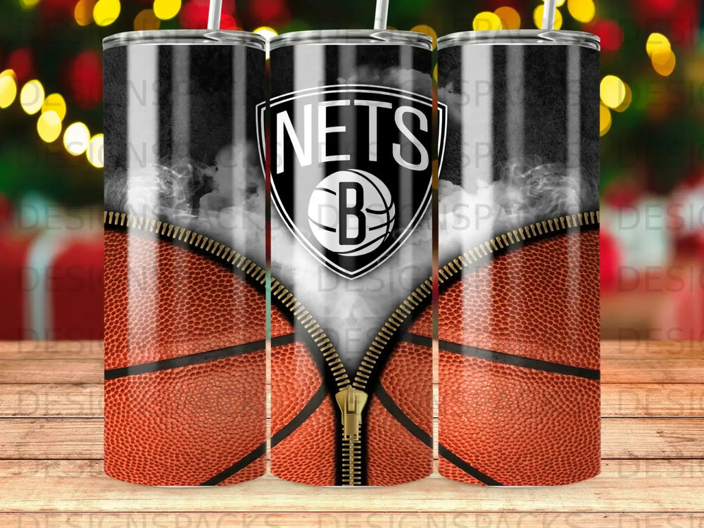 Brooklyn Nets basketball tumbler with a zipper detail.