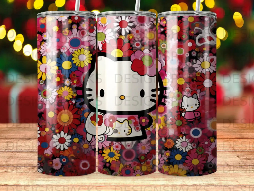 Hello Kitty with a floral pattern on a tumbler cup.