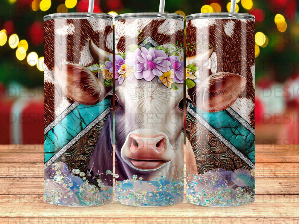 Cow tumbler with floral headband and turquoise accents.
