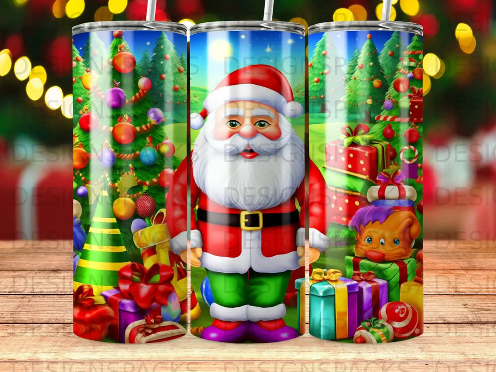 Santa Claus and colorful presents surrounded by Christmas trees.