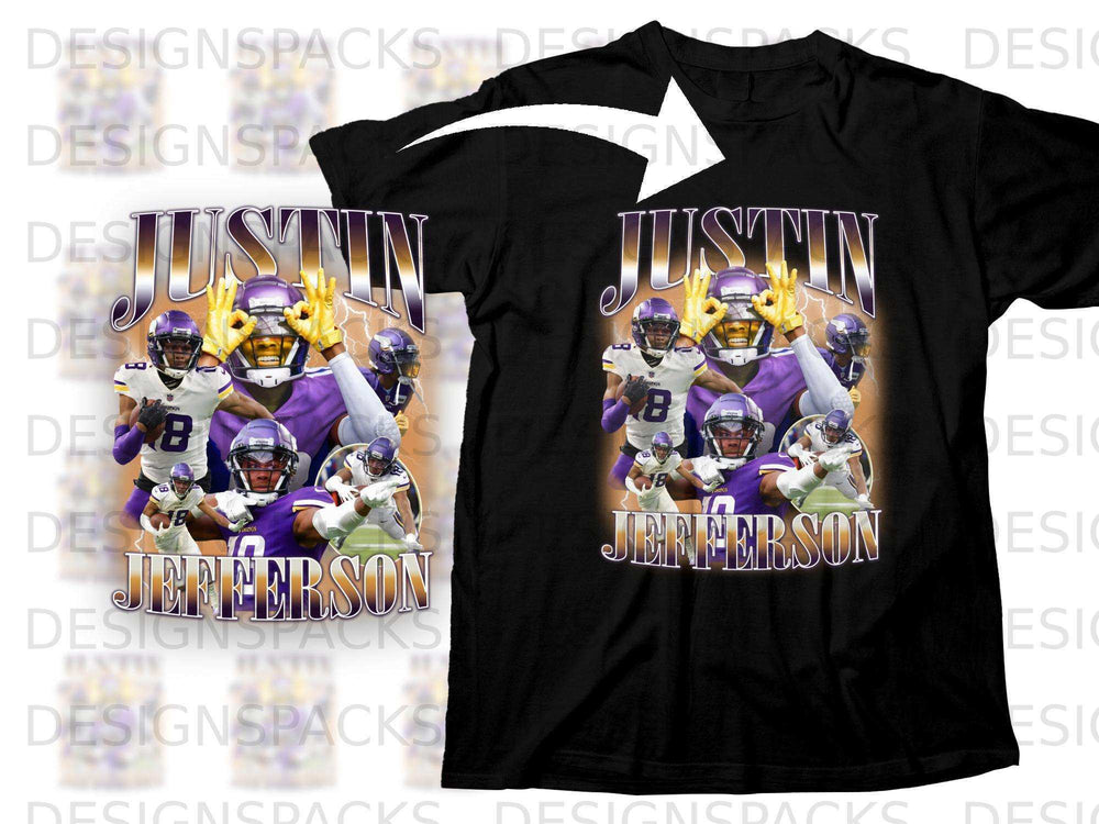 Justin Jefferson graphic t-shirt design with multiple player images and text.