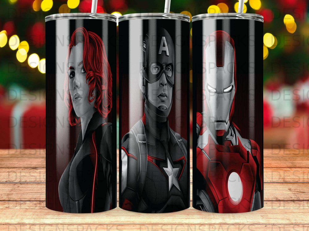 Black Widow, Captain America, and Iron Man from Marvel's Avengers on tumblers.