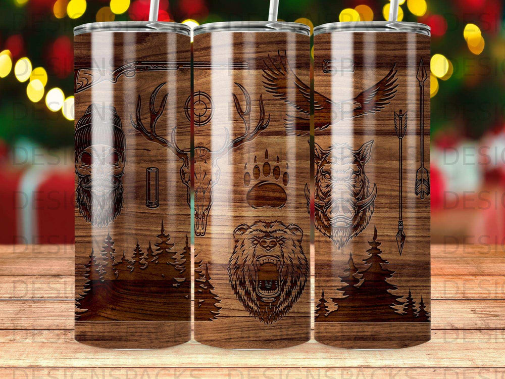 Tumbler with wood grain, bear, deer skull, boar head, and arrow graphics.