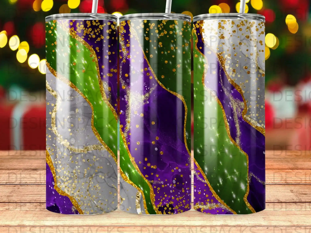 Purple, green, and gold glitter tumbler with marble accents.