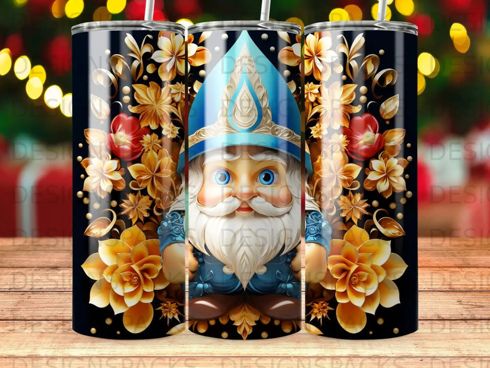 Gnome with blue hat and gold floral accents on a dark background.