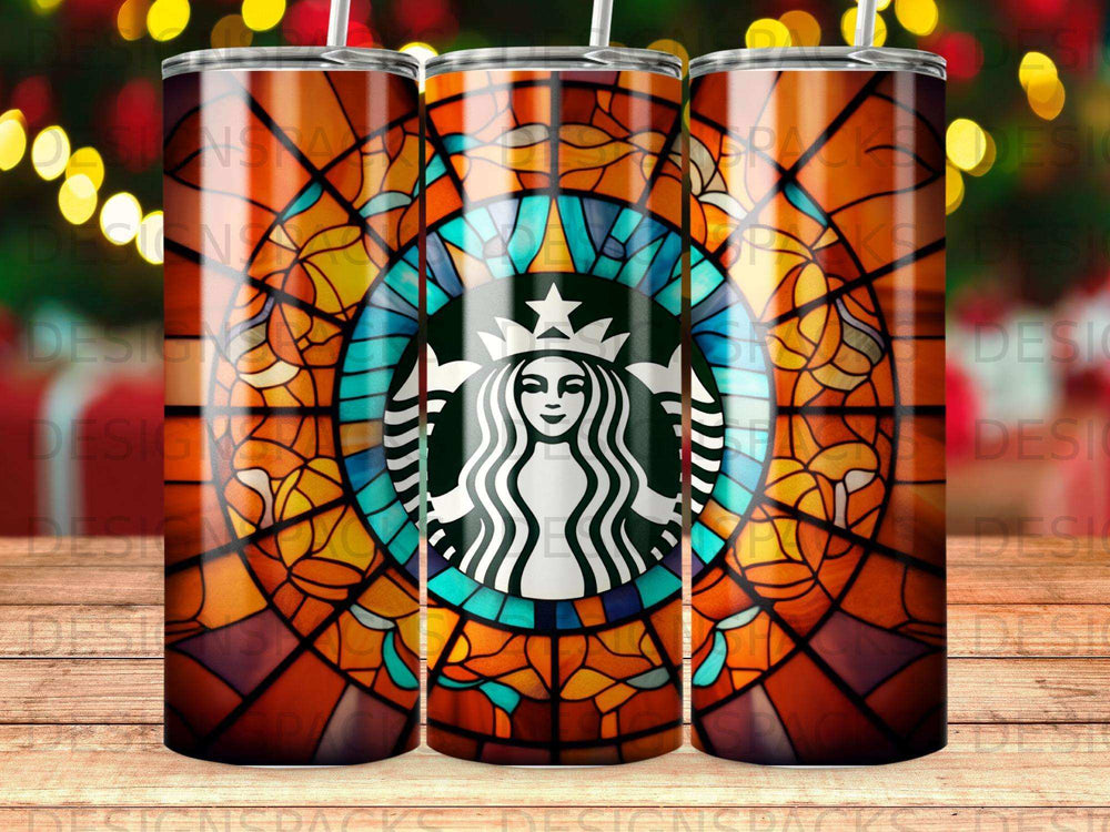 Starbucks logo in a stained-glass pattern on a tumbler.