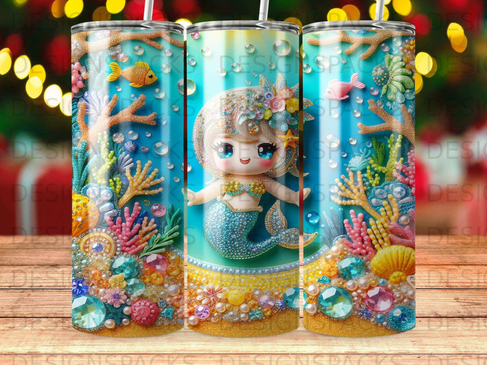 Chibi mermaid surrounded by colorful coral, starfish, and jewels.