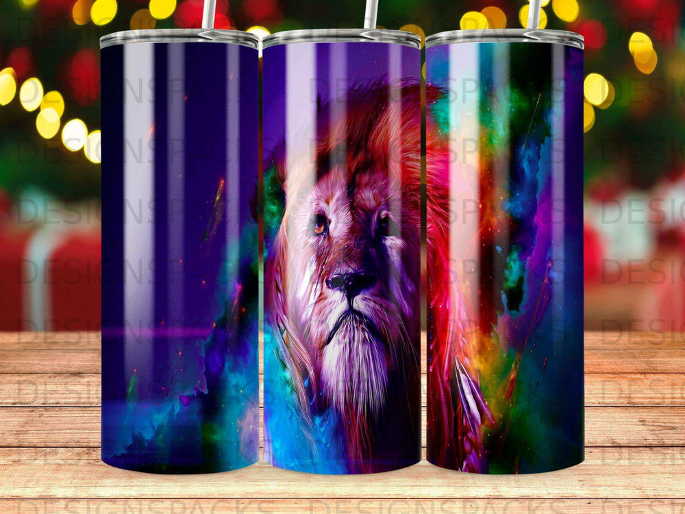 Lion's face in vibrant colors on a cylindrical tumbler.